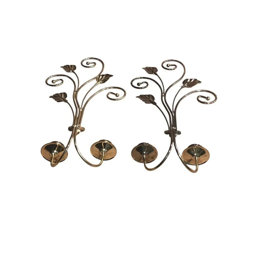 Vintage Set Of 2 Beautiful Gold Sconces Candle Holders With Leaves Wall‎ Hanging
